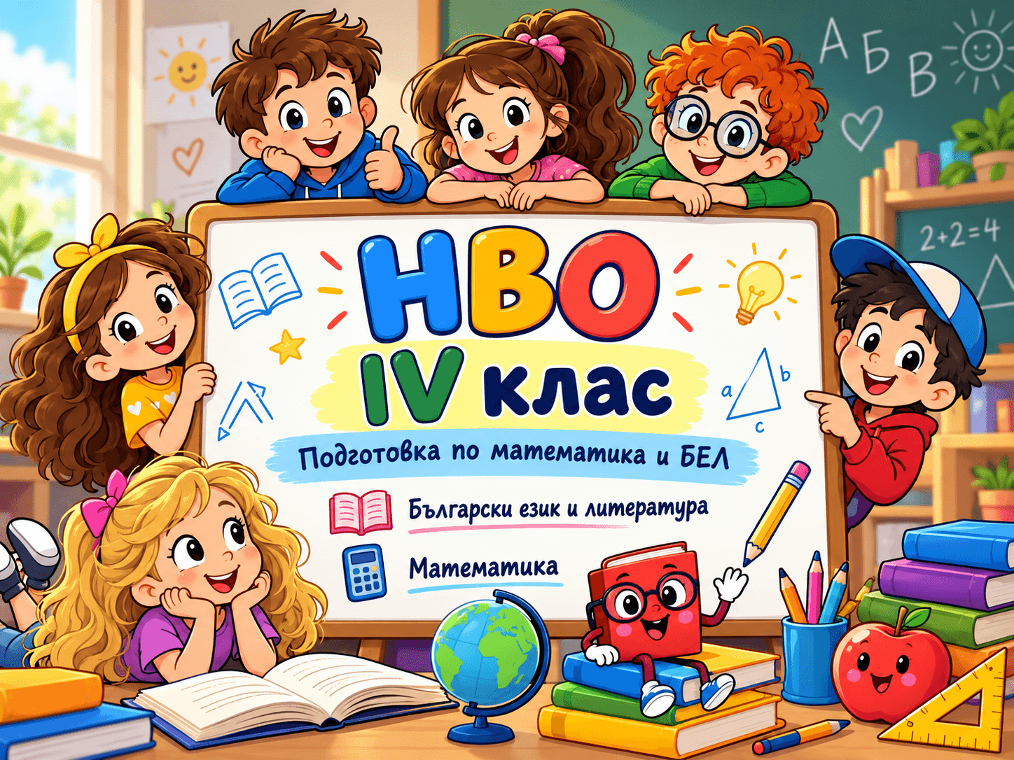 Усмихнати деца около дъска с надпис „НВО IV клас – подготовка по математика и БЕЛ“