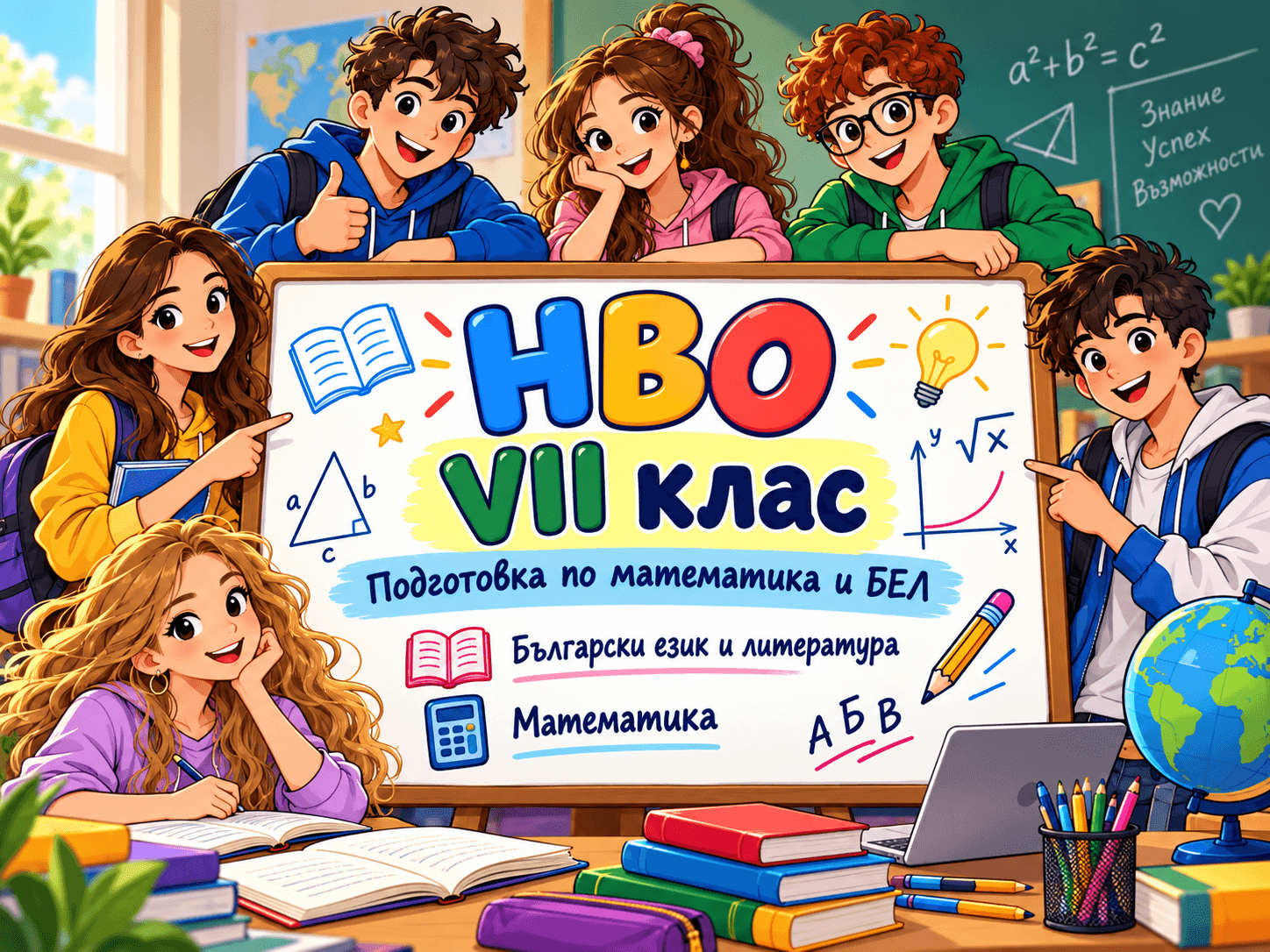Усмихнати ученици около дъска с надпис „НВО VII клас – подготовка по математика и БЕЛ“